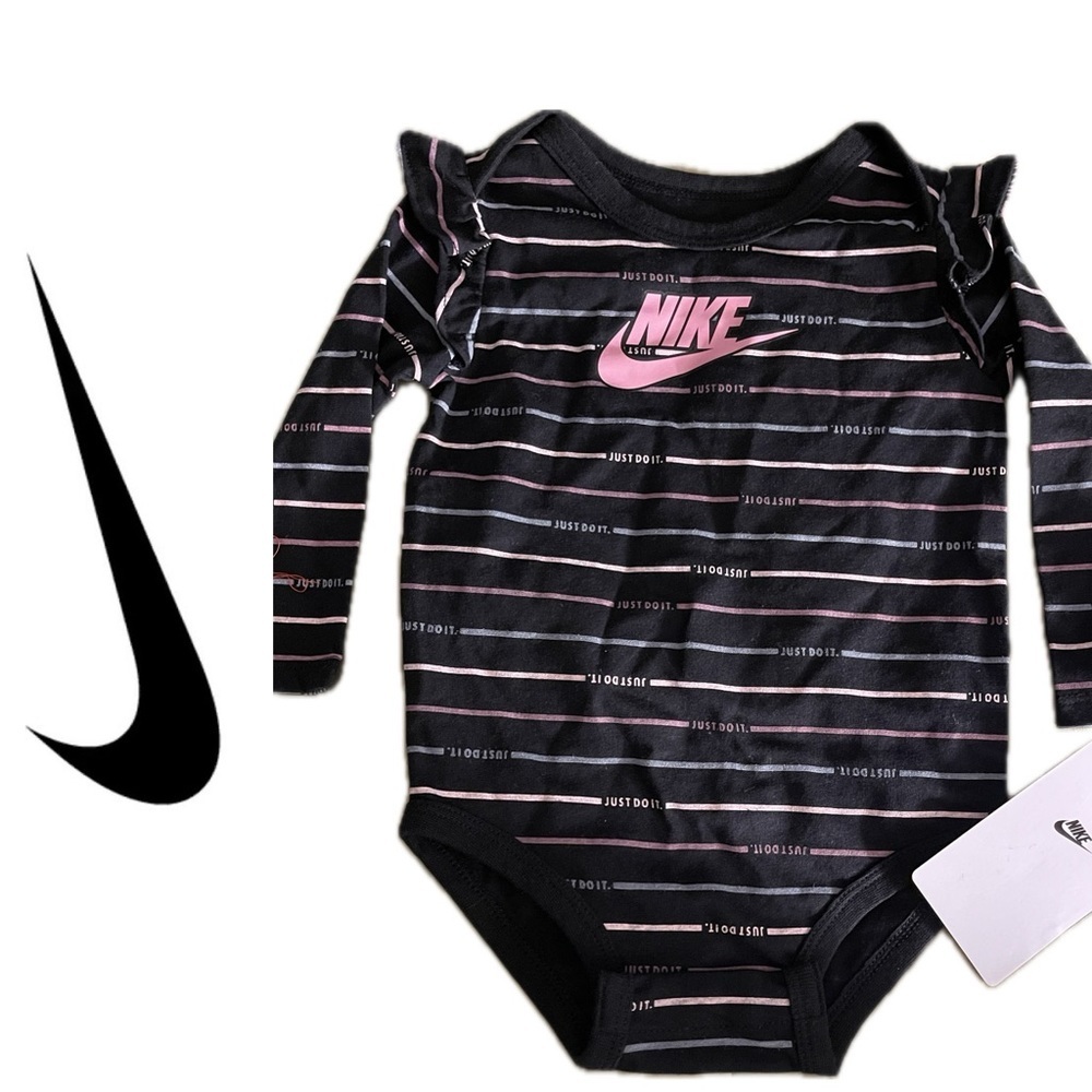 NWT Nike Just Do It Girls Ruffle Shoulder Onesie Size 12M.